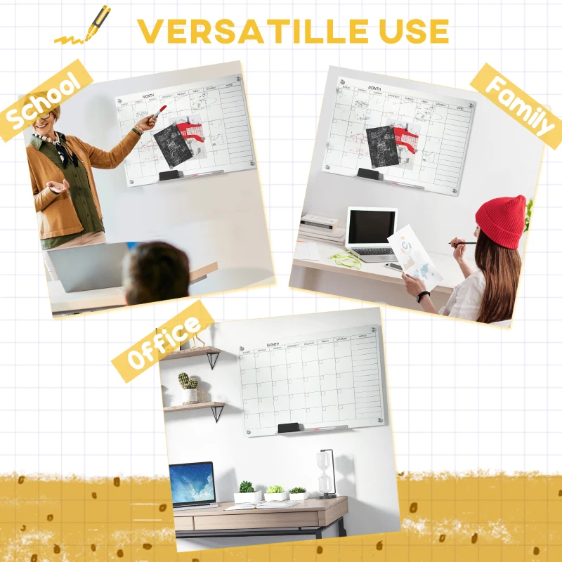 Vinsetto kalenderbord glasplaat met 4 glasclip markers gum aluminium pennenhouder magneetbord voor maandplanning magnetische weekplanner planbord wit 90 x 60 x 0,2 cm
