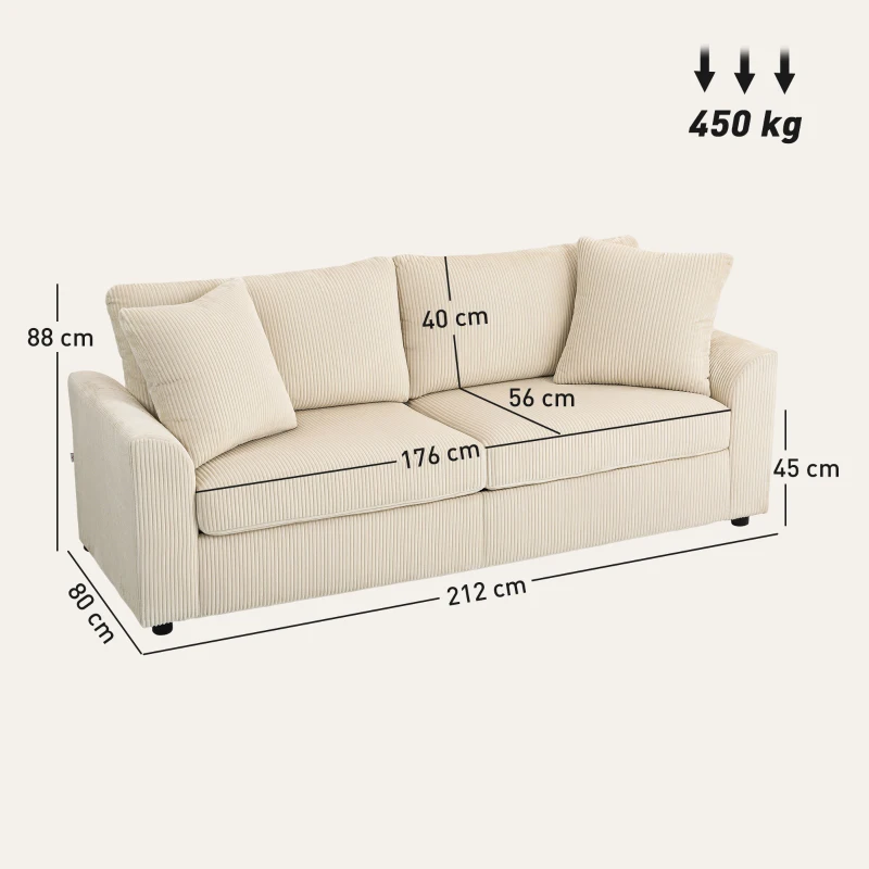 HOMCOM Divano 3 Posti in Velluto a Coste con Molle Insacchettate e 2 Cuscini, 212x80x88 cm, Bianco Crema(m-3)