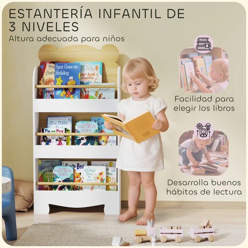 AIYAPLAY Estantería Infantil de 3 Niveles con Diseño de Osito Bordes Redondeados y Barreras de Seguridad para Libros y Juguetes