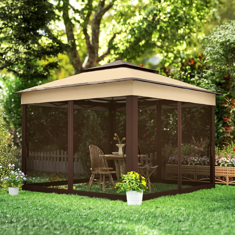 Outsunny 3 x 3(m) Pop Up Gazebo, Height Adjustable Instant Event Shelter with Netting and Carrying Bag, Beige