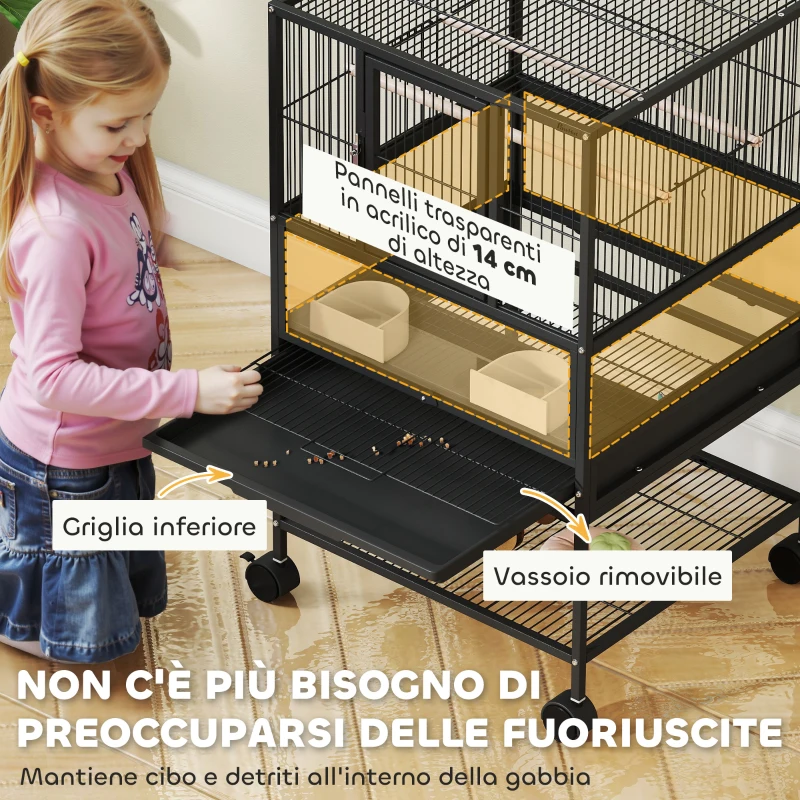 PawHut Gabbia per Uccelli con Ripiano Inferiore, Vassoio e Griglia Rimovibili, in Acciaio e PP, 48x46x83 cm, Nero