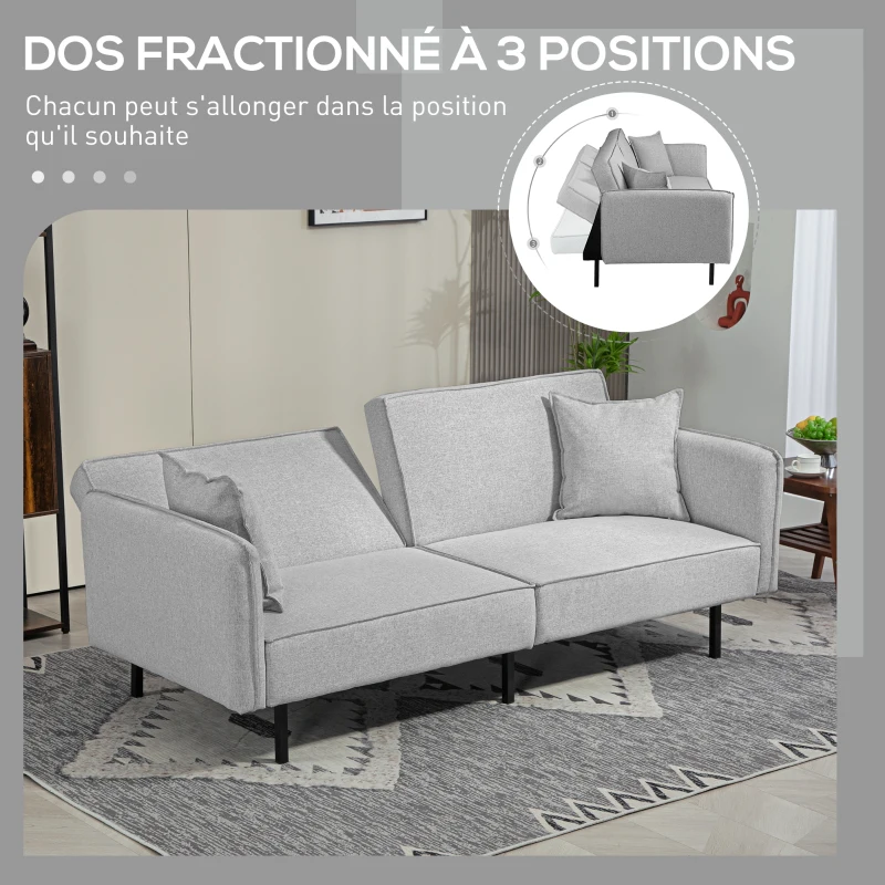 HOMCOM Canapé convertible 3 places, canapé-lit clic-clac, avec 2 coussins 195l x 89P x 87H cm gris clair