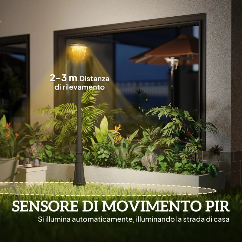 Outsunny Lampione da Giardino a Energia Solare con Sensore PIR, in Alluminio e Vetro, 26x24x220 cm, Nero