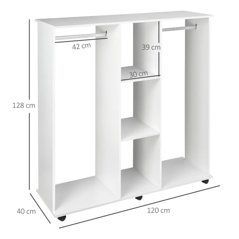 HOMCOM Armadio Guardaroba a Rotelle con 2 Barre e 3 Ripiani Aperti, in Legno e Alluminio, 120x40x128 cm, Bianco