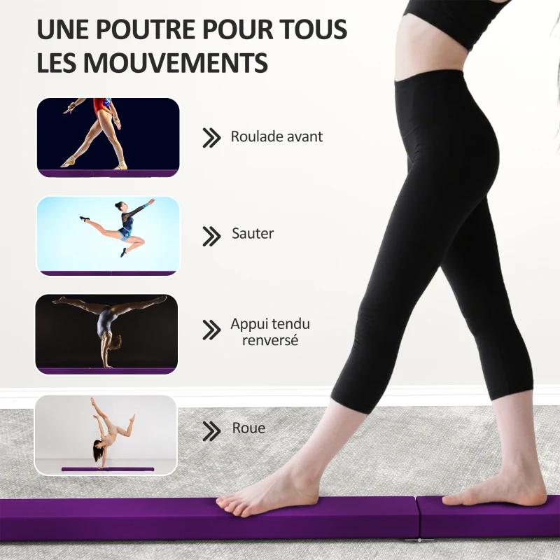 SPORTNOW Poutre gymnastique pliable 210 cm en velours, poutre d'équilibre avec fond antidérapant, pour enfants et adultes, violet