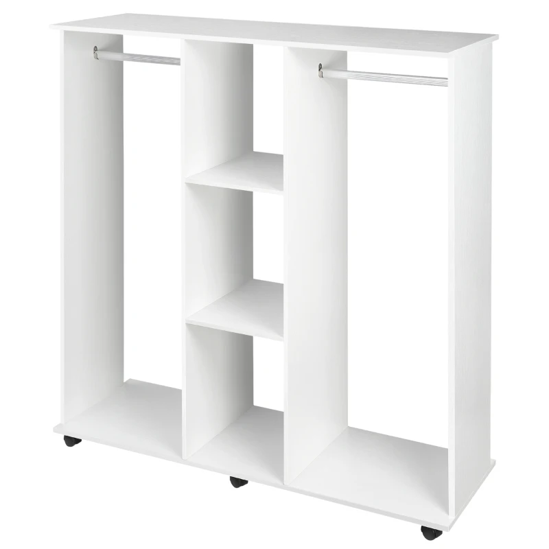 HOMCOM Armadio Guardaroba a Rotelle con 2 Barre e 3 Ripiani Aperti, in Legno e Alluminio, 120x40x128 cm, Bianco