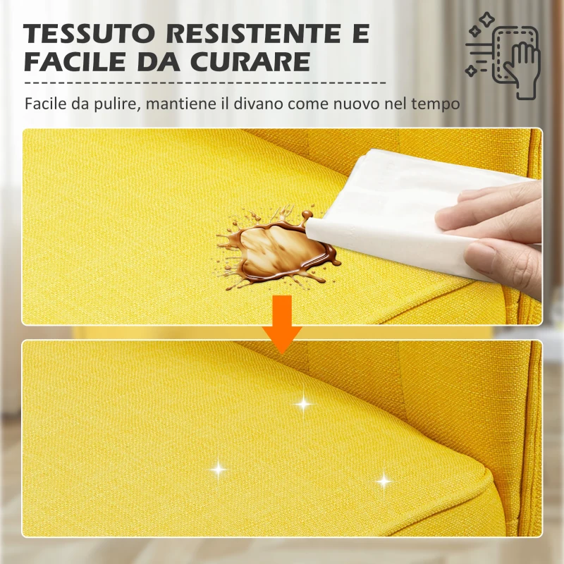 HOMCOM Divano 2 Posti Moderno in Tessuto Senza Braccioli con Gambe in Legno, 117x56.5x77 cm, Giallo