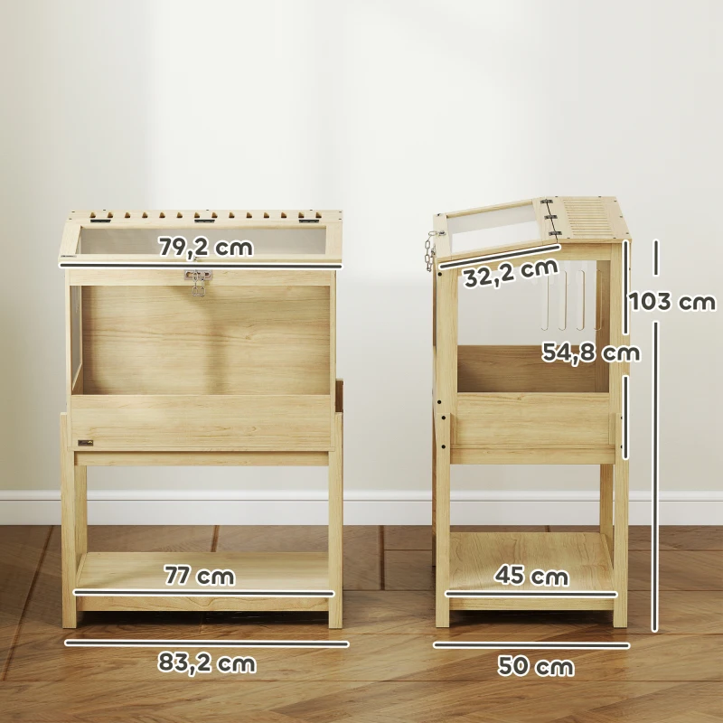 PawHut Cage à hamster en bois surélevée avec plateau de rangement couvercle ouvrable 83,2 x 50 x 103 cm effet bois naturel