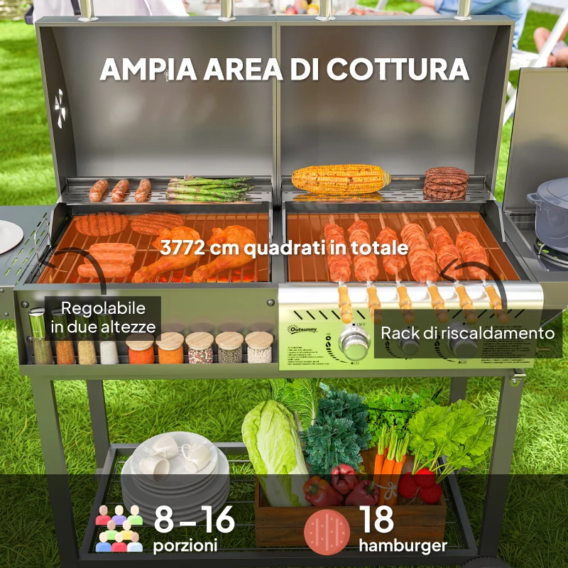 Outsunny Barbecue a Carbone e Gas con 3 Bruciatori e Coperchio, Termometro, Ruote e Ripiani, Nero