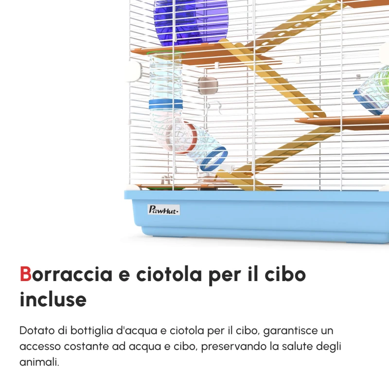 PawHut Gabbia per Criceti a 5 Livelli con Tubi, Ruota, Scale, Casetta e Bottiglia, Gabbietta per Roditori in Metallo, PP e PS, 46x30x58 cm, Verde