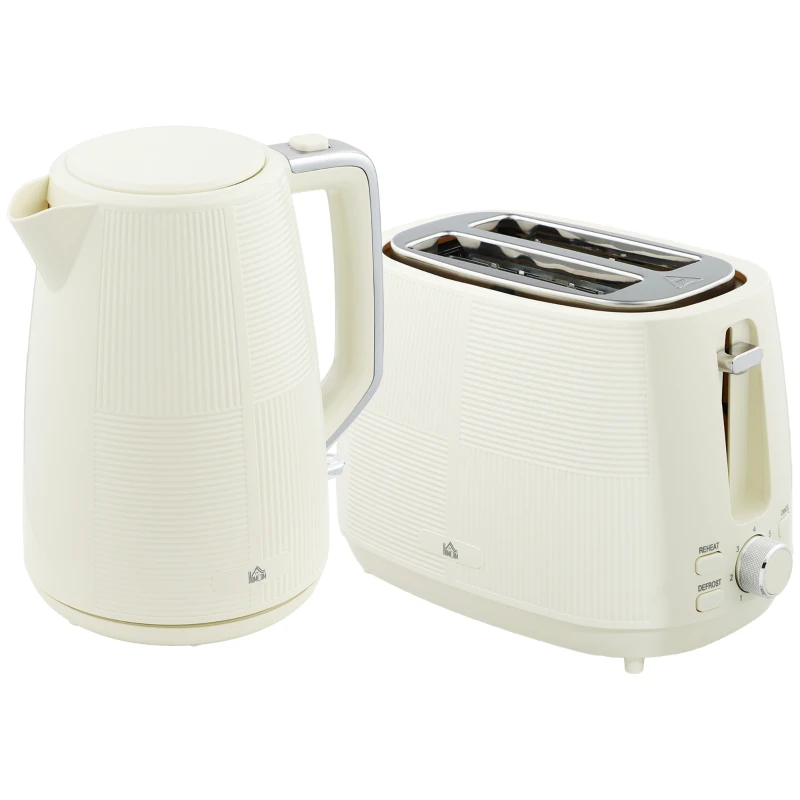 HOMCOM Kettle and Toaster Set, 1.7L 3000W Fast Boil Kettle & 2 Slice Toaster Kitchen Set with 7 Level Browning Controls, Defrost, Reheat, Boil-dry Protection, Cream White