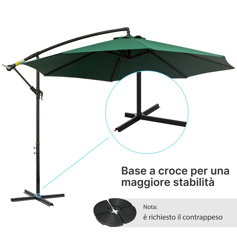 Outsunny Ombrellone da Esterni Decentrato con Manovella, in Acciaio e Poliestere Anti-UV, 3x2.5 m, Verde