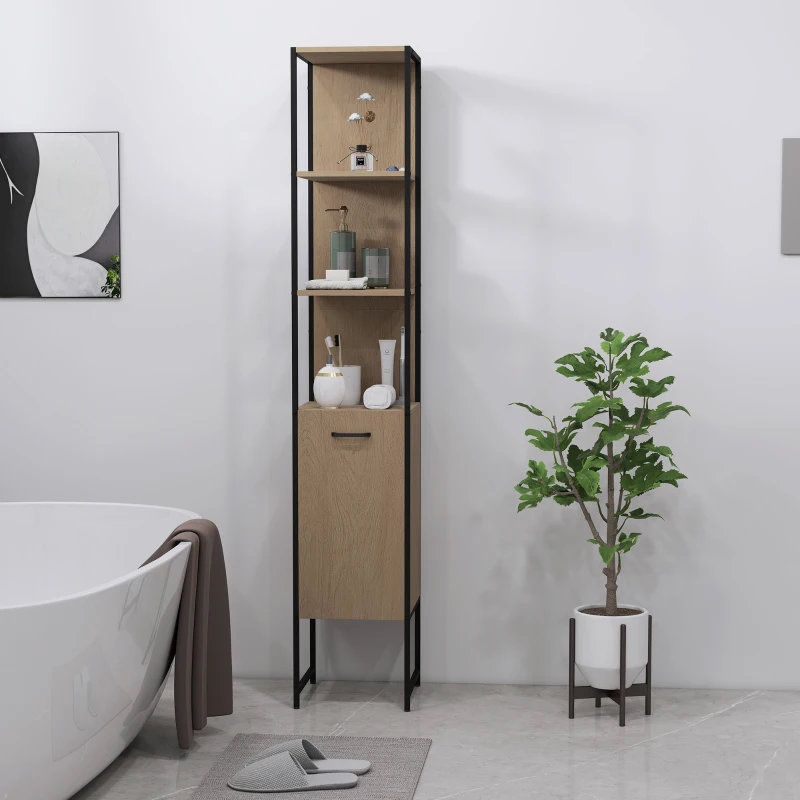 HOMCOM Tall Bathroom Cabinet with Open Shelves and Adjustable Shelf - Natural Wood Finish