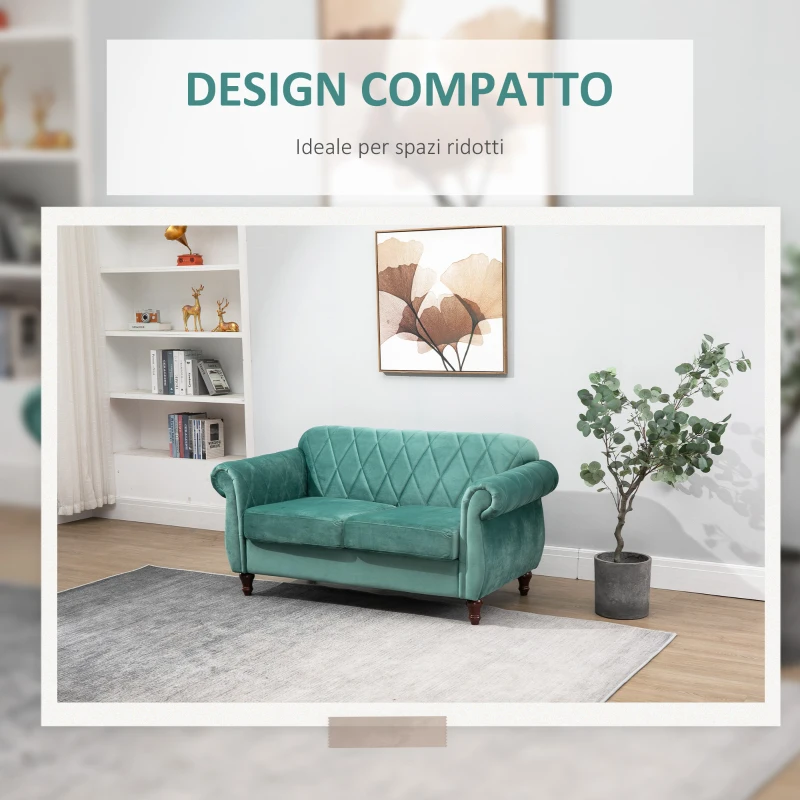 HOMCOM Divano 2 Posti Design Vintage Rétro in Legno e Velluto, 148 x 72 x 76 cm, Verde