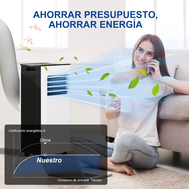 HOMCOM Aire Acondicionado Portátil 3 en 1 9000 BTU con Control Remoto Pantalla LED Temporizador 2 Velocidades para 28m² Blanco