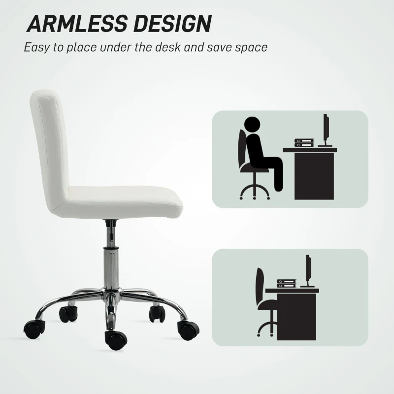 HOMCOM PU Leather Armless Office Chair, Modern Vanity Computer Swivel Chair with Rolling Wheels and Adjustable Height for Home Study, Bedroom, White