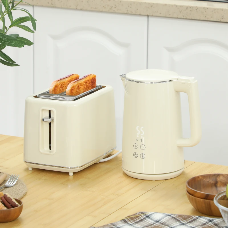 HOMCOM Digital Stainless Steel Kettle and Toaster Set, 1.5L 3000W Fast Boil Kettle, 2 Slice Toaster with 7 Level Browning Controls, Defrost, Reheat, Keep Warm, Crumb Tray and LED Touch Display, Beige
