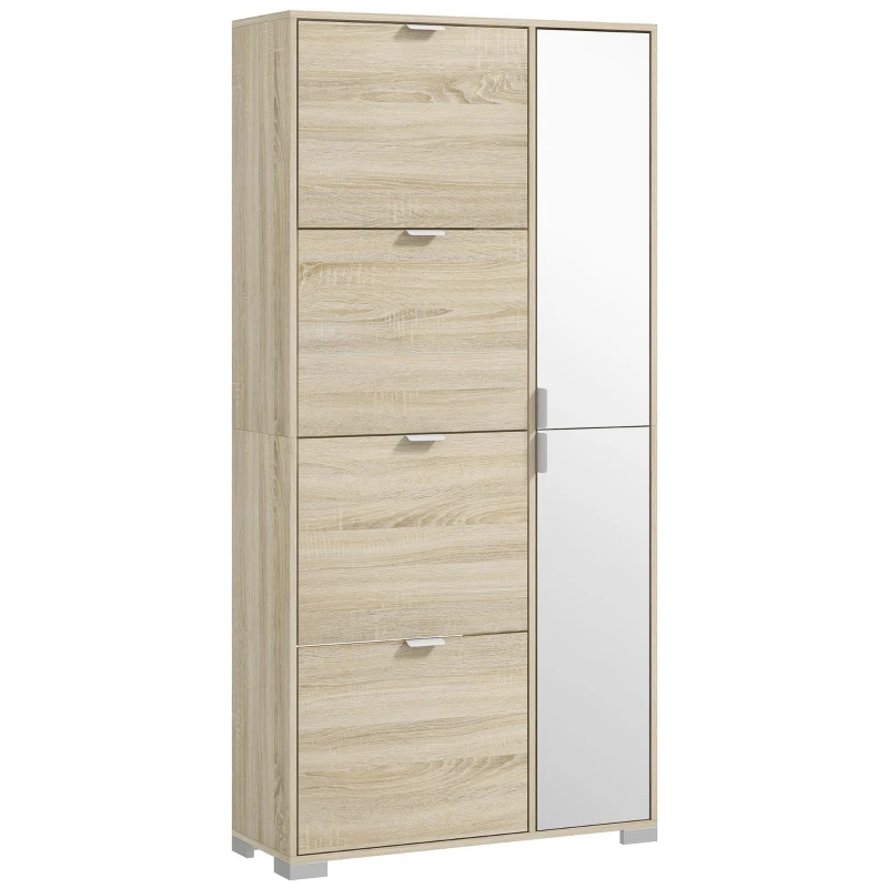 HOMCOM Etajeră pentru Pantofi cu Oglindă, 4 Sertare Rabatabile și 2 Dulapuri, 82x30x168 cm, Culoare Stejar(m-11)