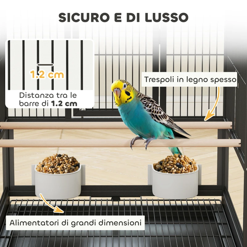 PawHut Gabbia per Uccelli con Ripiano Inferiore, Vassoio e Griglia Rimovibili, in Acciaio e PP, 48x46x83 cm, Nero