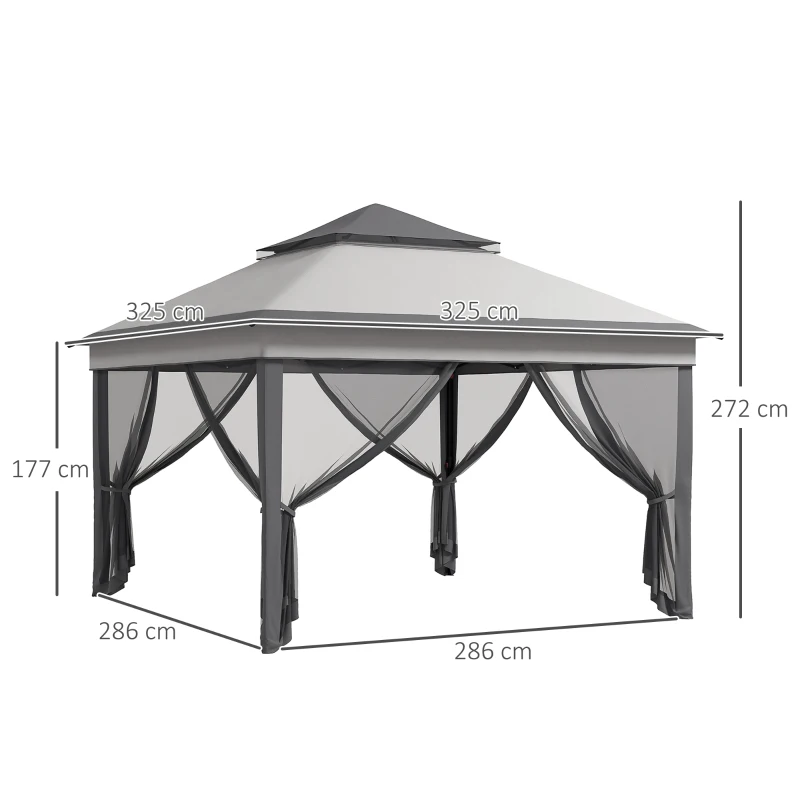 Outsunny Gazebo con Zanzariere Regolabile su 3 Livelli, in Acciaio e tessuto Oxford, 326x326x272 cm, Grigio Chiaro e Scuro