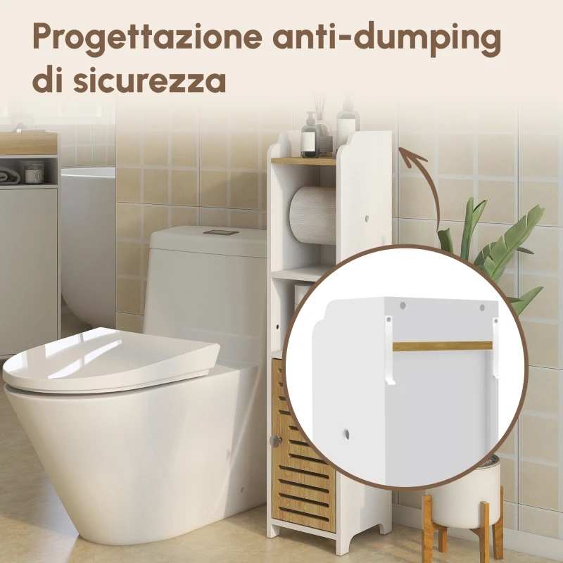 kleankin Mobiletto Bagno Salvaspazio in Truciolato con Ripiani e Armadietto Inferiore, 18x20x90 cm, Bianco