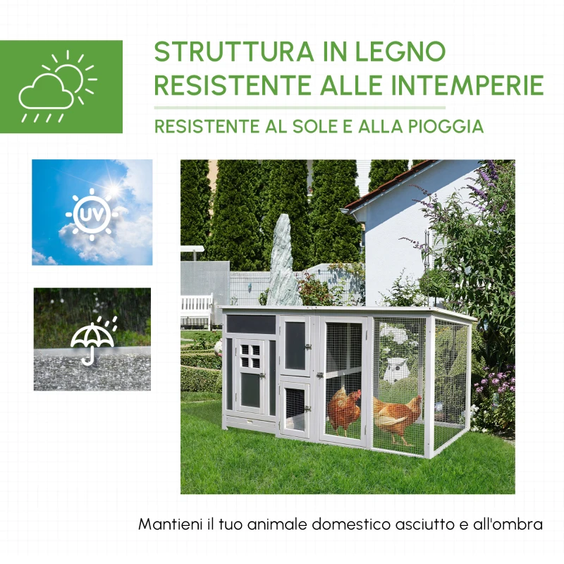 PawHut Pollaio per Galline Ovaiole da Esterno con Tetto Impermeabile e Zona di Corsa, Nidificazione in Legno, 160x75x80 cm, Grigio e Bianco