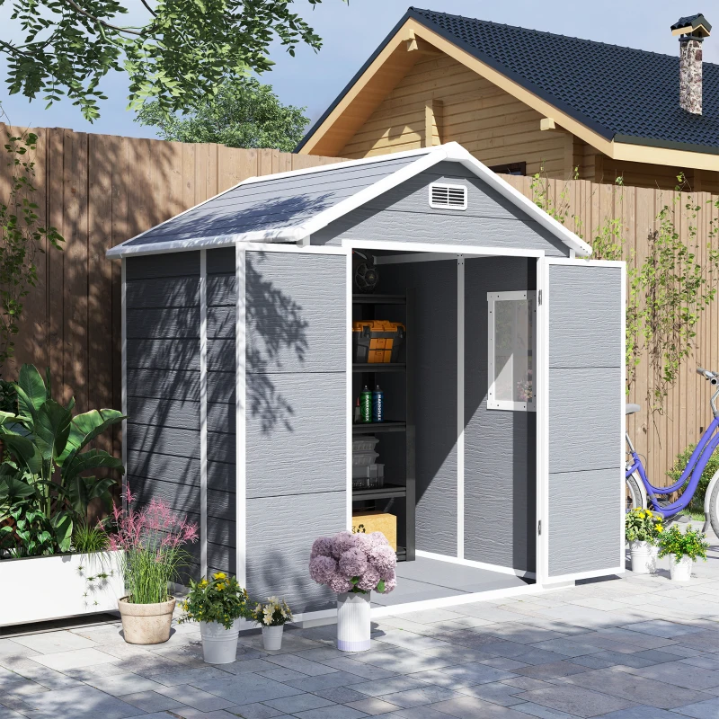 Outsunny 6 x 5ft Garden Shed, Plastic Shed with Floor, Window, Lockable Doors and Vents, Wood Effect Resin Tool Shed for Outdoor Patio, Dark Grey