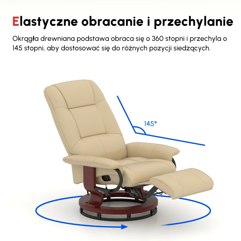 HOMCOM Fotel Relaksacyjny, Regulowany, z Funkcją Leżenia, do 120 kg, Ekoskóra, 78 x 87 x 100 cm, Kremowy