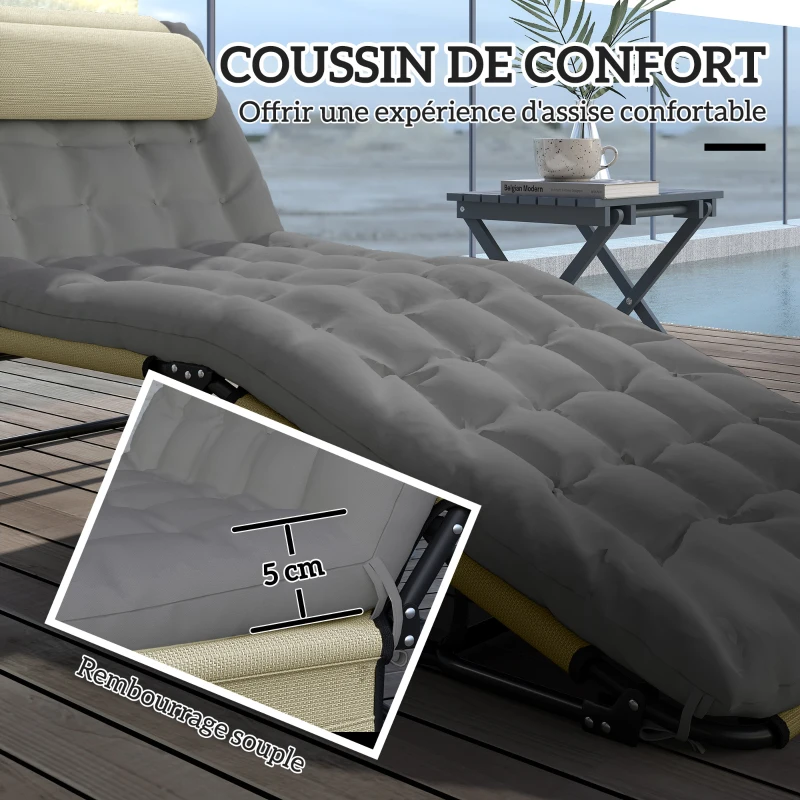 Outsunny Lot de 2 transats bains de soleil pliable avec dossier inclinable 4 positions - appui-tête et matelas épais crème