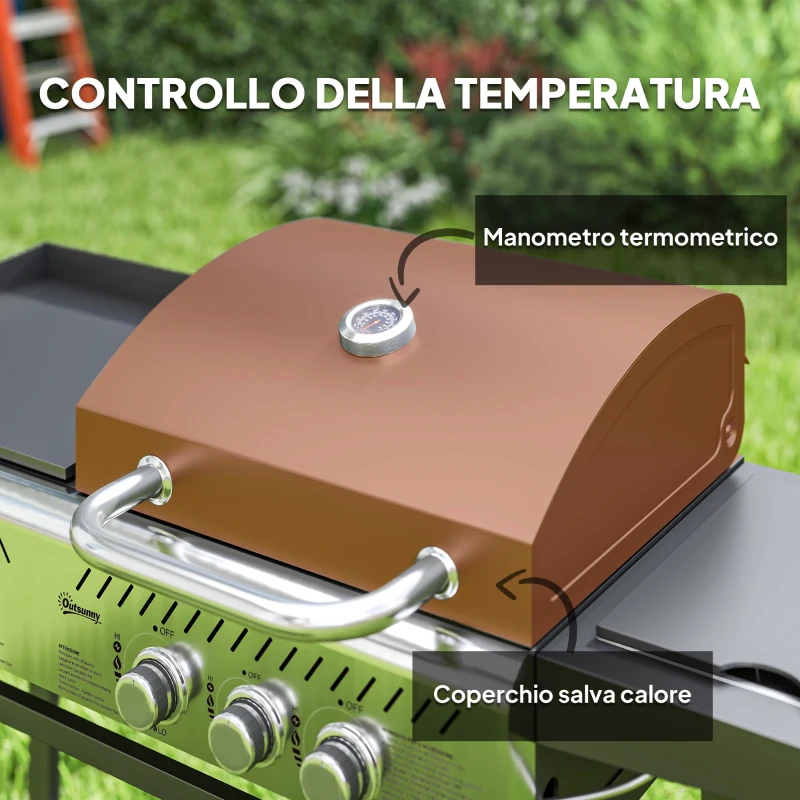 Outsunny Barbecue a Gas con Piastra e Fornello, Coperchio con Termometro e Ripiani, Regolatore e Tubo Inclusi, Nero