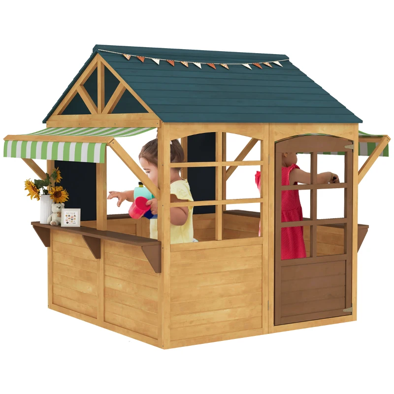 AIYAPLAY Wooden Playhouse for Kids, Foldable Wendy House with Windows, Working Door, Service Stations, Rain Covers, Brown