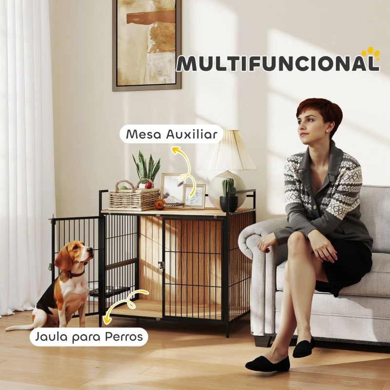 PawHut Jaula para Perros Mesa Auxiliar Moderna con Soporte Giratorio con 2 Tazones y 2 Puertas 80x56x76,5 cm Roble