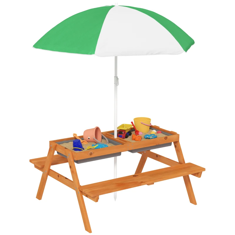 Outsunny Kids Picnic Table with Benches, Wooden Sand and Water Table, Adjustable Parasol, Storage Bins, for Kids 3-6 Years, Brown