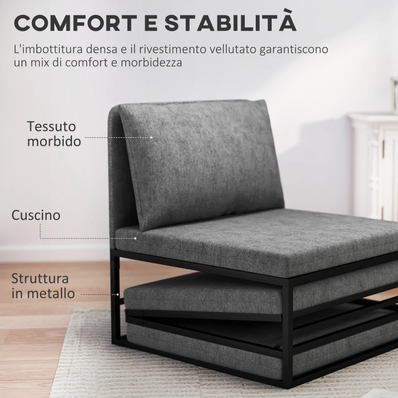 HOMCOM Poltrona Letto con Cuscino e Copertura Protettiva, in Tessuto Effetto Lino e Metallo, 66x70x74 cm, Grigio