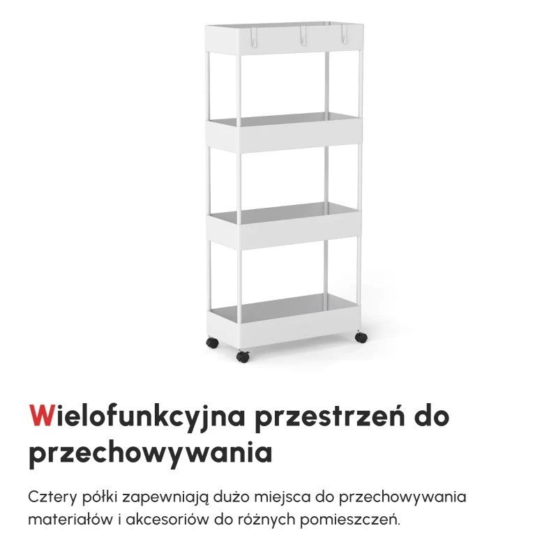 HOMCOM Wózek Kuchenny z 4 Półkami, 4 Elastycznymi Hakami, 4 Kółkami, 40 cm x 19 cm x 90 cm, Wózek Niszowy, Biały