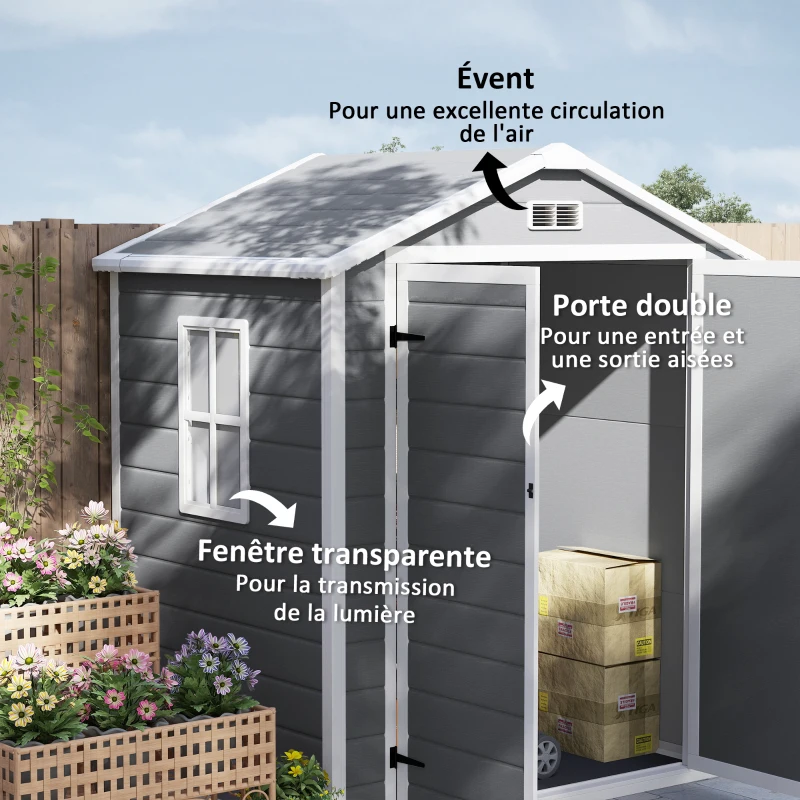 Outsunny Abri de jardin cabanon en résine polypropylène 2,12 m² - 2 portes 1 fenêtre et 1 grille d'aération, toit en pente, gris(m-5)