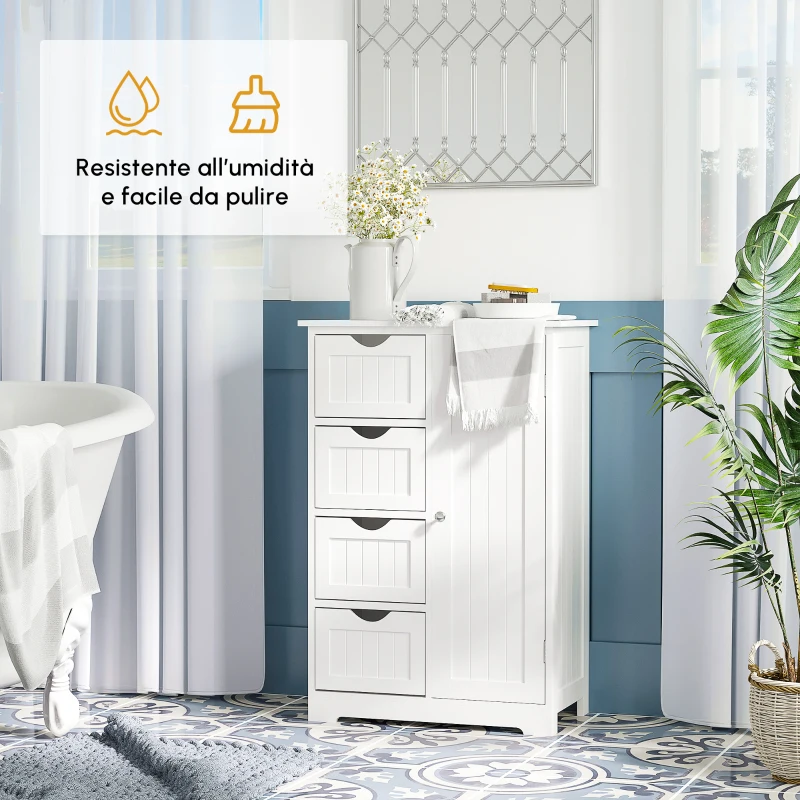 kleankin Mobile da Bagno con 4 Cassetti e Armadietto con Ripiano Regolabile a 3 Altezze, Armadietto da Bagno Salvaspazio con Vernice Ecologica, Anti-Ribaltamento in MDF, 56x30x83cm, Bianco