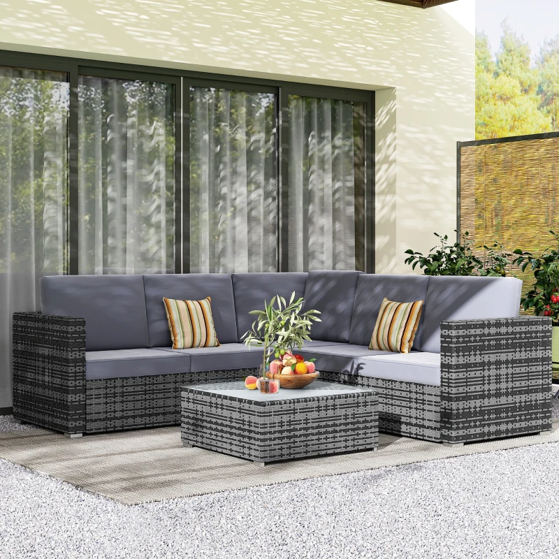 Outsunny 4 Pieces Rattan Garden Furniture Set, Wicker Outdoor Furniture Set with Corner Sofa Loveseat Coffee Table Cushions, Conservatory Furniture Set for Patio Balcony Poolside, Grey