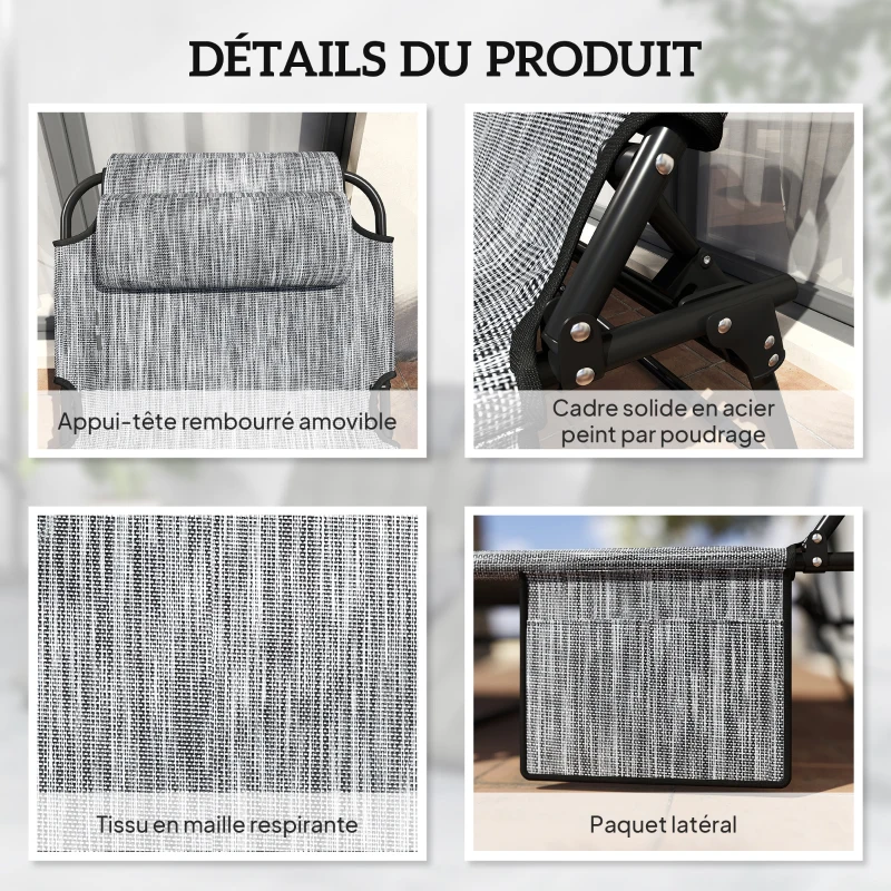 Outsunny Lot de 2 transats bains de soleil pliable avec dossier inclinable 4 positions - appui-tête et matelas épais
