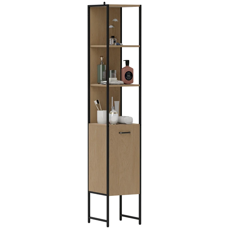 HOMCOM Tall Bathroom Cabinet with Open Shelves and Adjustable Shelf - Natural Wood Finish