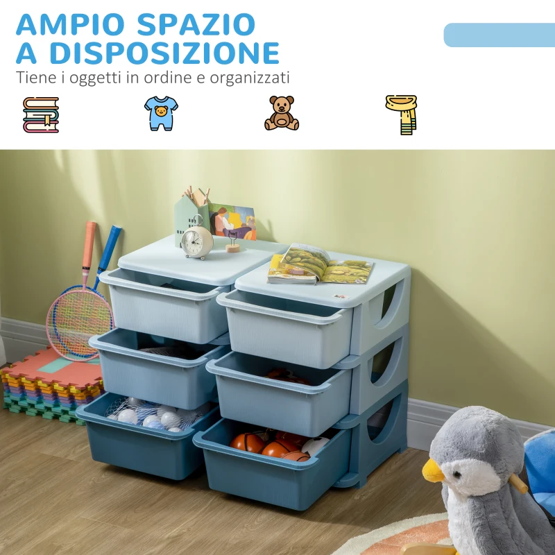 HOMCOM Cassettiera 6 Cassetti per Bambini 3-6 Anni con Bordi Arrotondati, in PP Blu, 75x37x56.5 cm