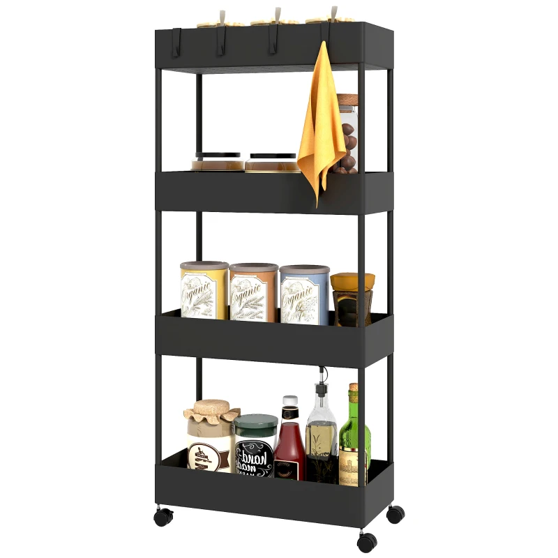 HOMCOM Carro de Cocina de 4 Niveles Carrito Auxiliar con Ruedas 4 Cestas y 4 Ganchos Extraíbles para Salón 40x19x90 cm Negro