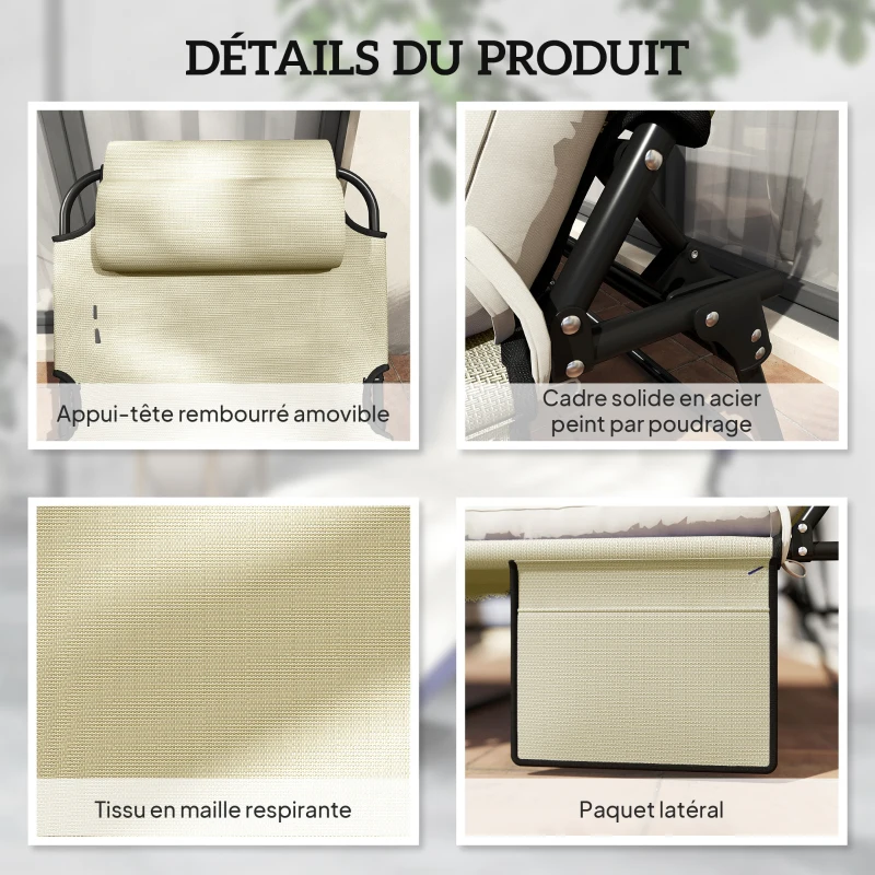 Outsunny Lot de 2 transats bains de soleil pliable avec dossier inclinable 4 positions - appui-tête et matelas épais crème