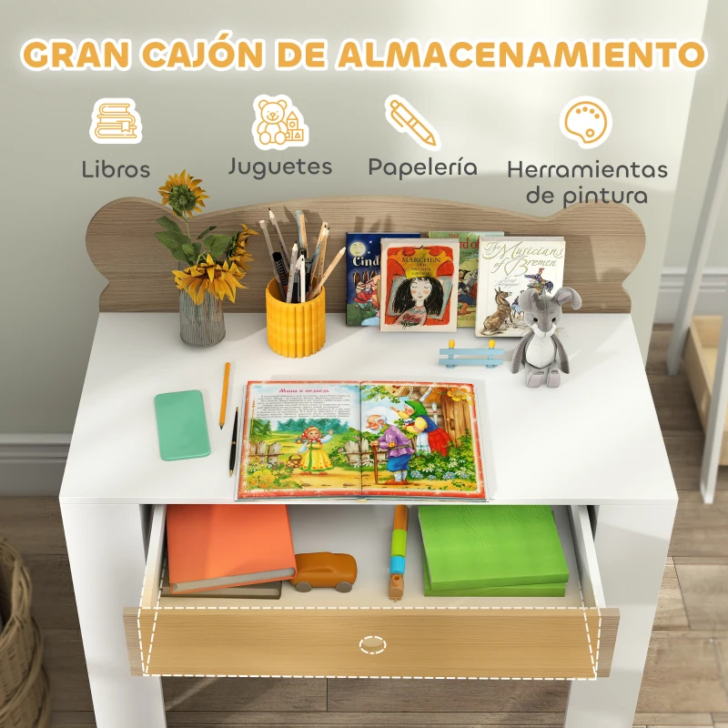 AIYAPLAY Escritorio Infantil con Silla en Forma de Osito con Cajón para Leer y Estudiar Mesa 80x41x74,5 cm y Silla 32,5x38x59 cm