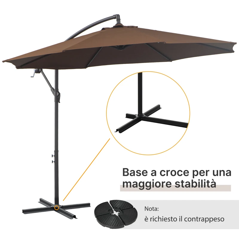 Outsunny Ombrellone Decentrato Ø3x2.5 m con Base a Croce e Manovella, in Acciaio e Poliestere color Caffè