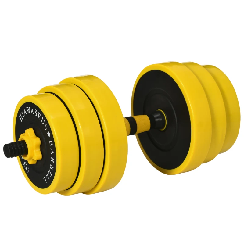 HOMCOM 25 kg Hantel & Langhantel,Einstellbare ergonomische 3-in-1 Hantelset,12 × Platten,2 × Kurze Stöcke,1 × Langer Stock,Gelb+Schwarz