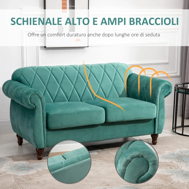 HOMCOM Divano 2 Posti Design Vintage Rétro in Legno e Velluto, 148 x 72 x 76 cm, Verde