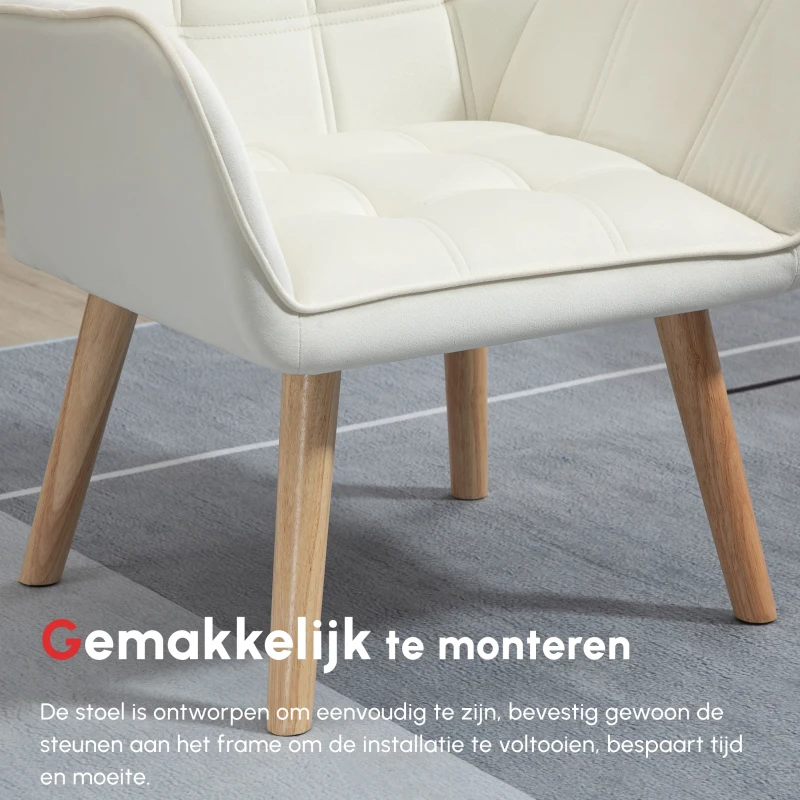 HOMCOM Fotel Tapicerowany, Akcentowy, Design Skandynawski, Wykończenie Aksamitne, do 120 kg, Nogi z Drewna Kauczukowego, Kremowy