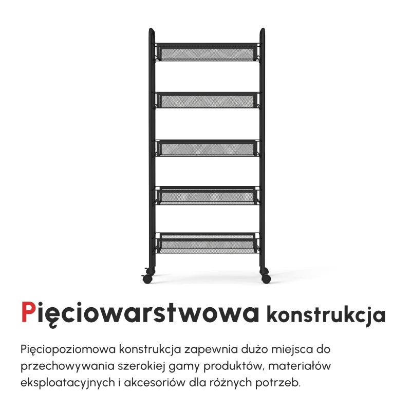HOMCOM Wózek kuchenny z 5 koszami z drutu, 4 haczykami, 4 kołami, 2 uchwytami, stal/tworzywo sztuczne, 45x26,5x106 cm, Czarny