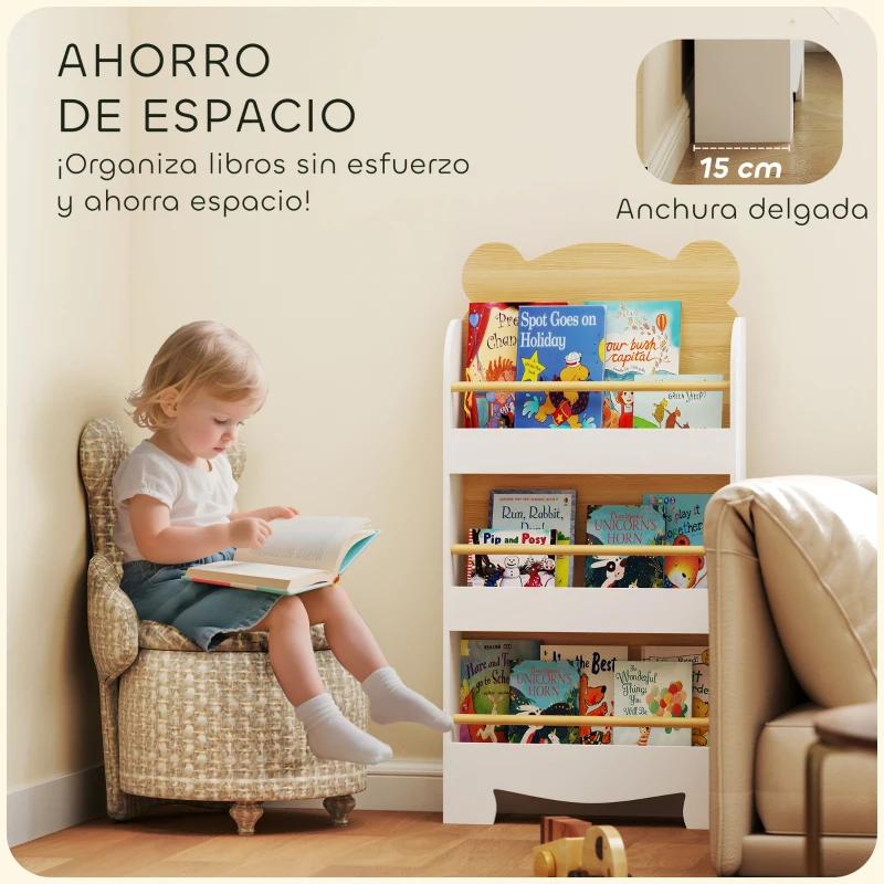 AIYAPLAY Estantería Infantil de 3 Niveles con Diseño de Osito Bordes Redondeados y Barreras de Seguridad para Libros y Juguetes